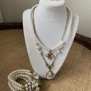 Elegant Faux Pearl Necklace, Earrings, and Bracelet Set